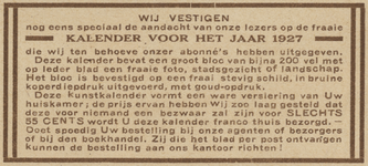 717035 Advertentie van het weekblad 'Utrecht in Woord en Beeld', Boothstraat 3 te Utrecht, voor de 'Kalender 1927', die ...